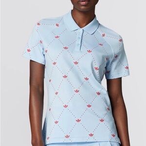 Adidas Women's Sky Blue Button Down Shirt with Red Pattern
